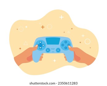 Man holding playstation wireless controller stick, playing video game enjoying lifestyle at home. Character designs. Vector flat illustration