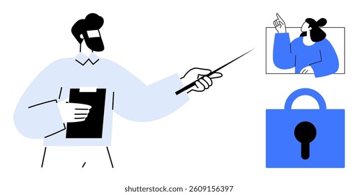A man holding a pointer and clipboard stands next to a screen showing a woman gesturing, with a padlock symbol nearby. Ideal for education, training, security, presentations, and communication