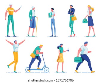 Man Holding Pointer, Old Woman with Stick, Boy Holding Box Flat Cartoon Vector Illustration. Happy Guy, Riding Scooter, Drinking Coffee. Office Worker Hurrying to Job Place. Talking on Mobile Phone.