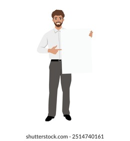 Man holding and pointing at empty banner. Flat vector Character illustration