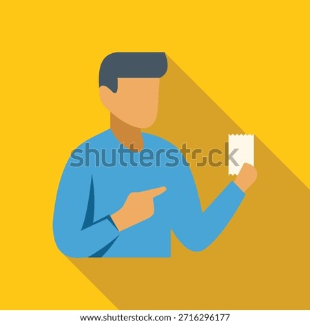 Man holding and pointing at a receipt, potentially confirming a payment or requesting a refund, on a vibrant yellow background 