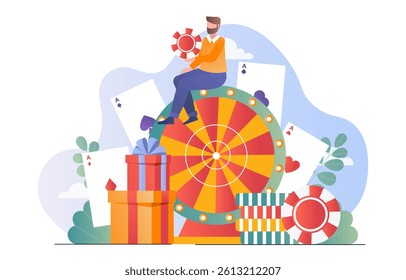 Man holding a poker chip sitting on a roulette wheel, surrounded by playing cards, gift boxes, and chips, in a colorful flat style on a white background. Vector illustration