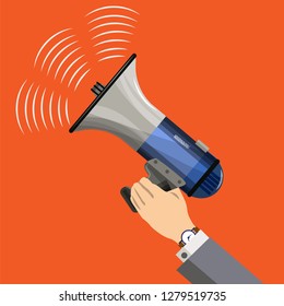 The man is holding a portable loudspeaker, a megaphone from which sounds are heard. Vector illustration