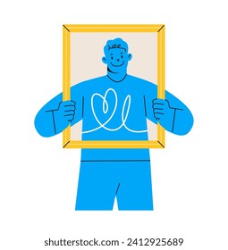 Man holding portrait frame, for concept of narcissism. Colorful vector illustration
