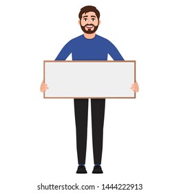 Man holding a poster, character shows empty white frame vector illustration