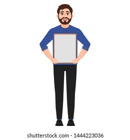 Man holding a poster, character shows empty white frame vector illustration