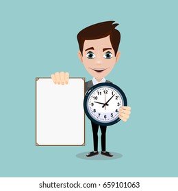 Man holding a poster and a clock. Stock vector illustration for poster, greeting card, website, ad, business presentation, advertisement design.