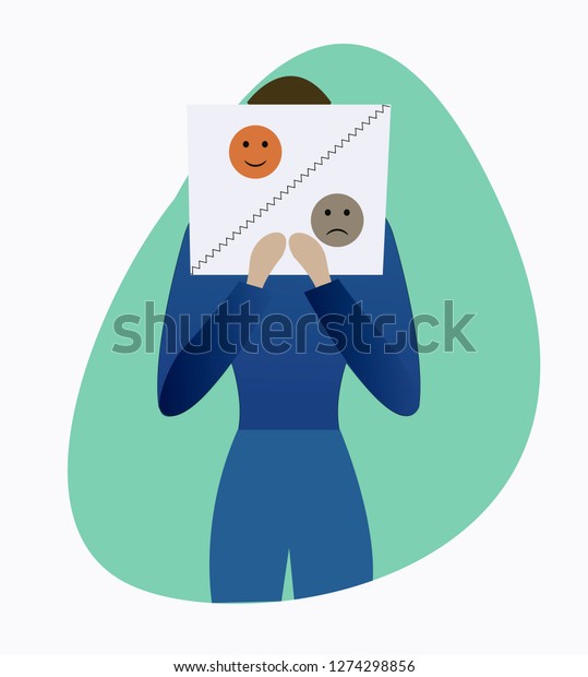 Man holding poster\
with happy and sad smile. Bipolar disorder concept. Mood disorder\
vector illustration.