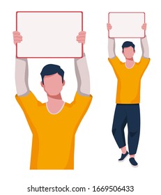 Ein Mann hält ein Poster in den Händen. Der Lehrer zeigt etwas auf einem großen Blatt. Vektorillustration