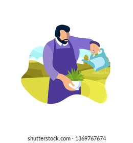 Man Holding Pot Plant Flat Vector Illustration. Male Gardener with Watering Can Cartoon Character. Bearded Horticulture Expert Wearing Apron. Hobby, Leisure, Pastime Outdoor Activity