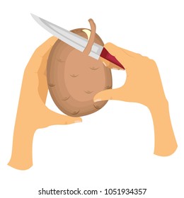 The man is holding potatoes. Clears it with a knife from the peel to cook for food. Vector illustration.
