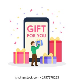 Man holding a present box in front of smartphone surround with gift boxes. Creative concept of the celebration for online shopping. Trendy cute vector illustration. Flat style graphic icon.