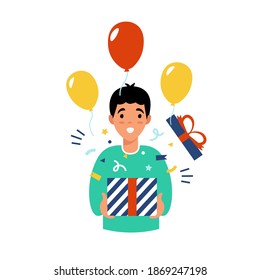 Man holding present box with open mouth, received a gift for the new year. Flat vector cartoon modern illustration.