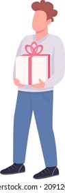 Man holding present box semi flat color vector character. Standing figure. Full body person on white. Party isolated modern cartoon style illustration for graphic design and animation