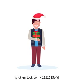 man holding present gift box happy new year merry christmas concept male cartoon character full length isolated vector illustration