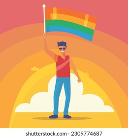Ein Mann, der eine Fahne des Pride Day vor einem Sonnenuntergang hält.