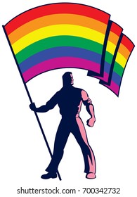 Man holding the pride flag over white background.