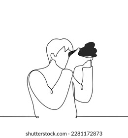 man holding professional camera with camera hood - one line drawing vector. concept professional photographer in the process of work