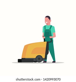 man holding professional washing machine male cleaner janitor in uniform cleaning service floor care concept flat full length