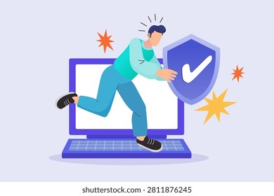 Man holding protection shield and laptop on light grey background banner. Male character securing online data privacy, cybersecurity and network safety layout.