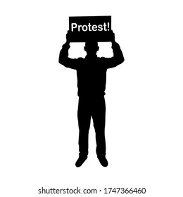 The man holding protest sign poster. Protest, protestor, demonstration, riot, political rally. Flat design for web site, web banner. Concept strike. Silhouette vector design.