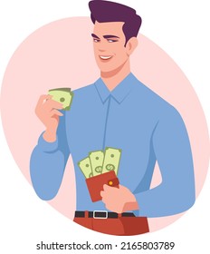 A Man Is Holding A Purse With Money In His Hand. The Guy Is Paying With Cash For Services. The Concept Of Making A Cash Payment. Stock Vector Illustration