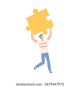 Man Holding Puzzle Element over his Head, Guy Holding Big Jigsaw Piece Assembling Abstract Puzzle, Solving Difficult Problem Cartoon Style Vector Illustration