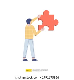 Man Holding Puzzle Element. problem solving or mission completion completed task concept. teamwork and business partnership vector illustration