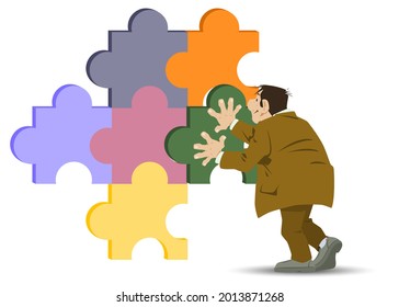 Man Holding Puzzle Element. Problem solving or completed task concept. Illustration concept for mobile website and internet development.