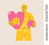 Man holding puzzle piece of heart in hands. Mental health concept. Colorful vector illustration
