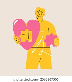 Man holding puzzle piece of heart in hands. Mental health concept. Colorful vector illustration
