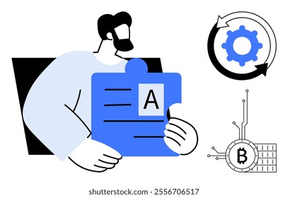 Man holding a puzzle piece with the letter A. A cogwheel with arrows and a Bitcoin symbol are visible. Ideal for business solutions, cryptocurrency, blockchain technology, automation, financial