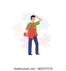 Man holding puzzle piece scratching his head and thinking. Making a decision. Engineer thinking and scratching his head. Solution, problem concept. Confused character and puzzle on background.