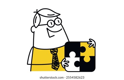 Man is holding a puzzle piece and smiling. Concept of accomplishment and satisfaction, as the man is likely proud of completing the puzzle. Hand drawn vector illustration. Black and white.