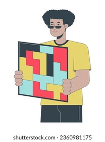 Man holding puzzles board flat line concept vector spot illustration. Getting stuff together 2D cartoon outline character on white for web UI design. Productivity editable isolated color hero image