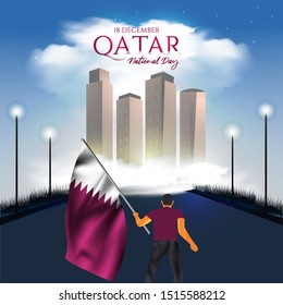Man holding Qatar flag in his hand walks down the road towards the city. vector holiday illustration. National Day of Qatar. A national holiday celebrating the union and gaining independence Qatar.