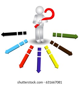 Man Holding Question Mark in His Hands & Doubting About Solution Way. 3D Vector Stick Figure