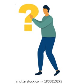 Man holding a question mark isolated on white background. Decision making concept. Flat style vector illustration.