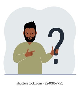 A man is holding a question mark symbol. Ask questions and look for answers. FAQ or frequently asked questions concept, online support center. Vector flat illustration.