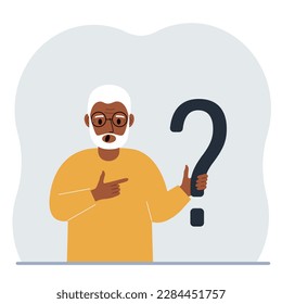 A man is holding a question mark symbol. Ask questions and look for answers. FAQ or frequently asked questions concept, online support center. Vector flat illustration.