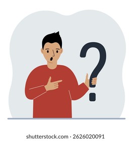 A man is holding a question mark symbol. Ask questions and look for answers. FAQ or frequently asked questions concept, online support center. Vector flat illustration.