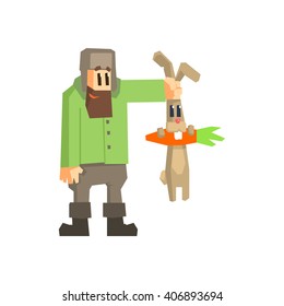 Man Holding Rabbit By The Ears Primitive Geometric Cartoon Style Flat Vector Design Isolated Illustration