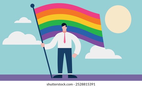 A man holding a rainbow flag. The flag is in the air and the man is standing on the ground