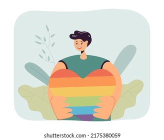 Man holding rainbow heart flat vector illustration. Gay celebrating pride month. LGBT, liberty, diversity, community, demonstration concept for banner, website design or landing web page