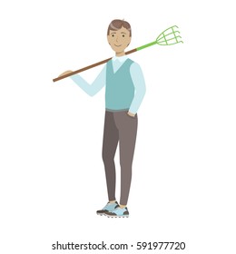 Man Holding Rake On His Shoulder, Cartoon Adult Characters Cleaning And Tiding Up