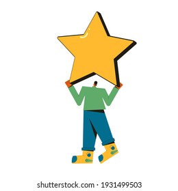 Man holding a rate sign in his hands. Male character wearing in casual clothes standing with huge gold star isolated on a white background. Person with feedback symbol. Vector color flat illustration.