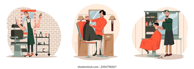Man holding razor and brush. Male holding scissors for cutting and doing hairstyle to client. Hairdresser cut hair for visitor. Professional make fashionable modern hairstyles. Vector illustration