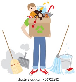 Man Holding A Recycling Box Full Of Items Surrounded By Cleaning Supplies