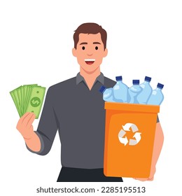 Man holding recycling garbage can and holding money. Reverse Vending Machine Recycling and Reward Money From Garbage Cans Bottle Plastic Glass Sale. Flat vector 