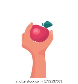 Man holding a red apple in hand. Healthy and wholesome fruit concept. Fresh food. Organic vitamin nutrition. Vector illustration flat design. Isolated on white background.
